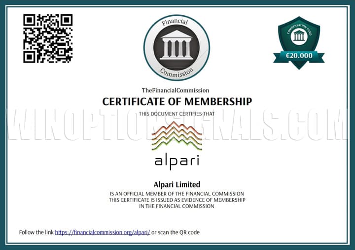 Сертификат членства Alpari Limited в Финансовой Комиссии