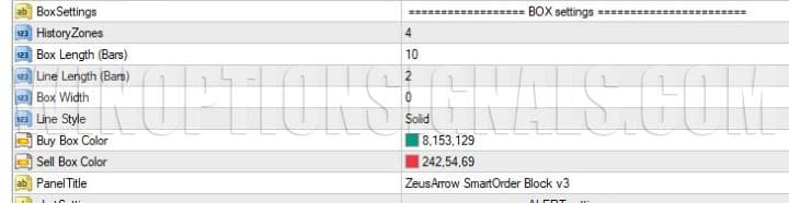 настройки в разделе box settings в ZeusArrows Smart Order Block